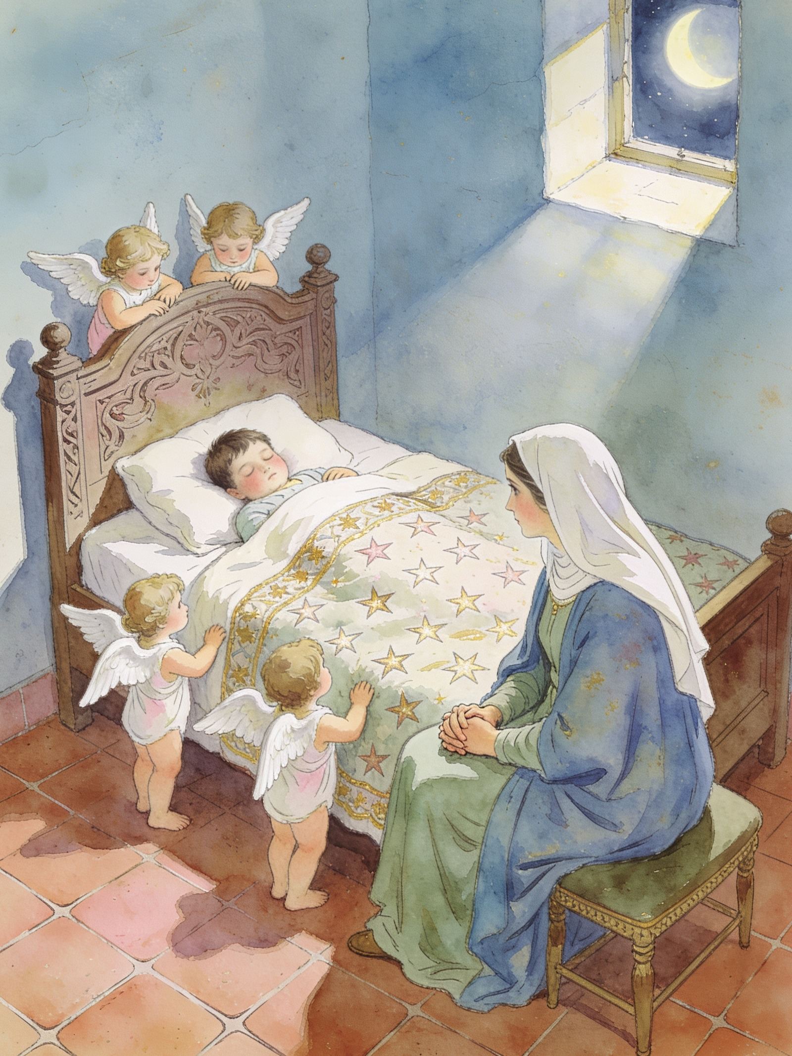 Un niño duerme en su cama de madera, velado por la Virgen y cuatro angelitos