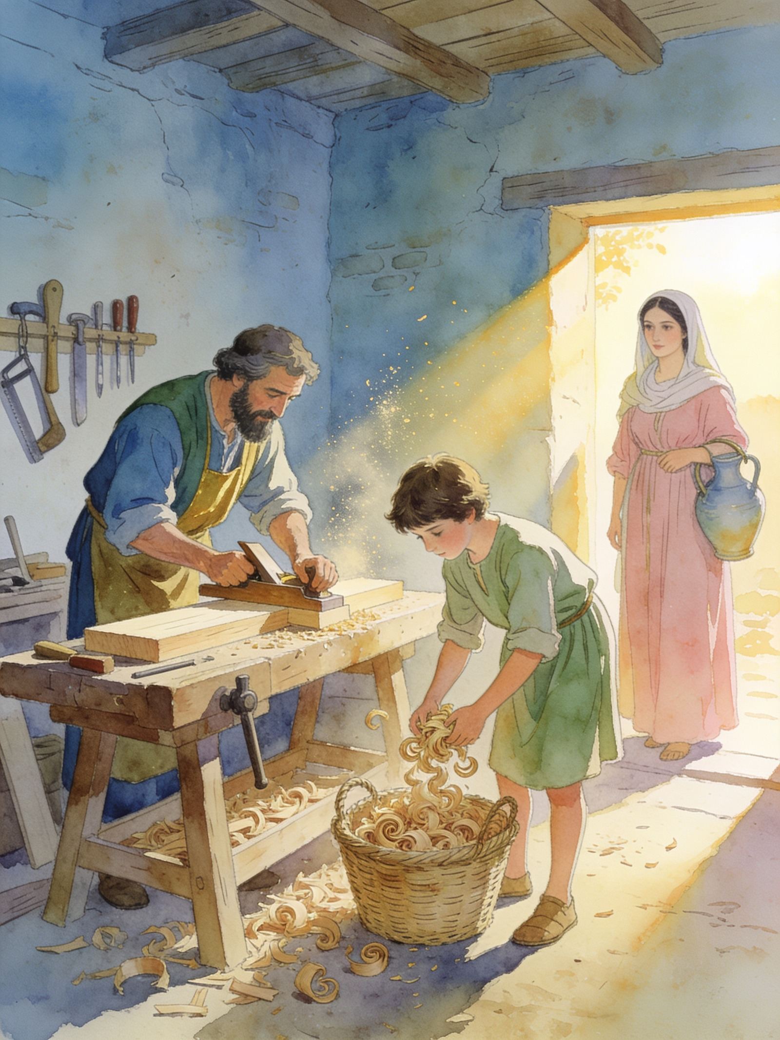San José trabaja en su taller mientras el niño Jesús recoge virutas y María los mira desde la puerta