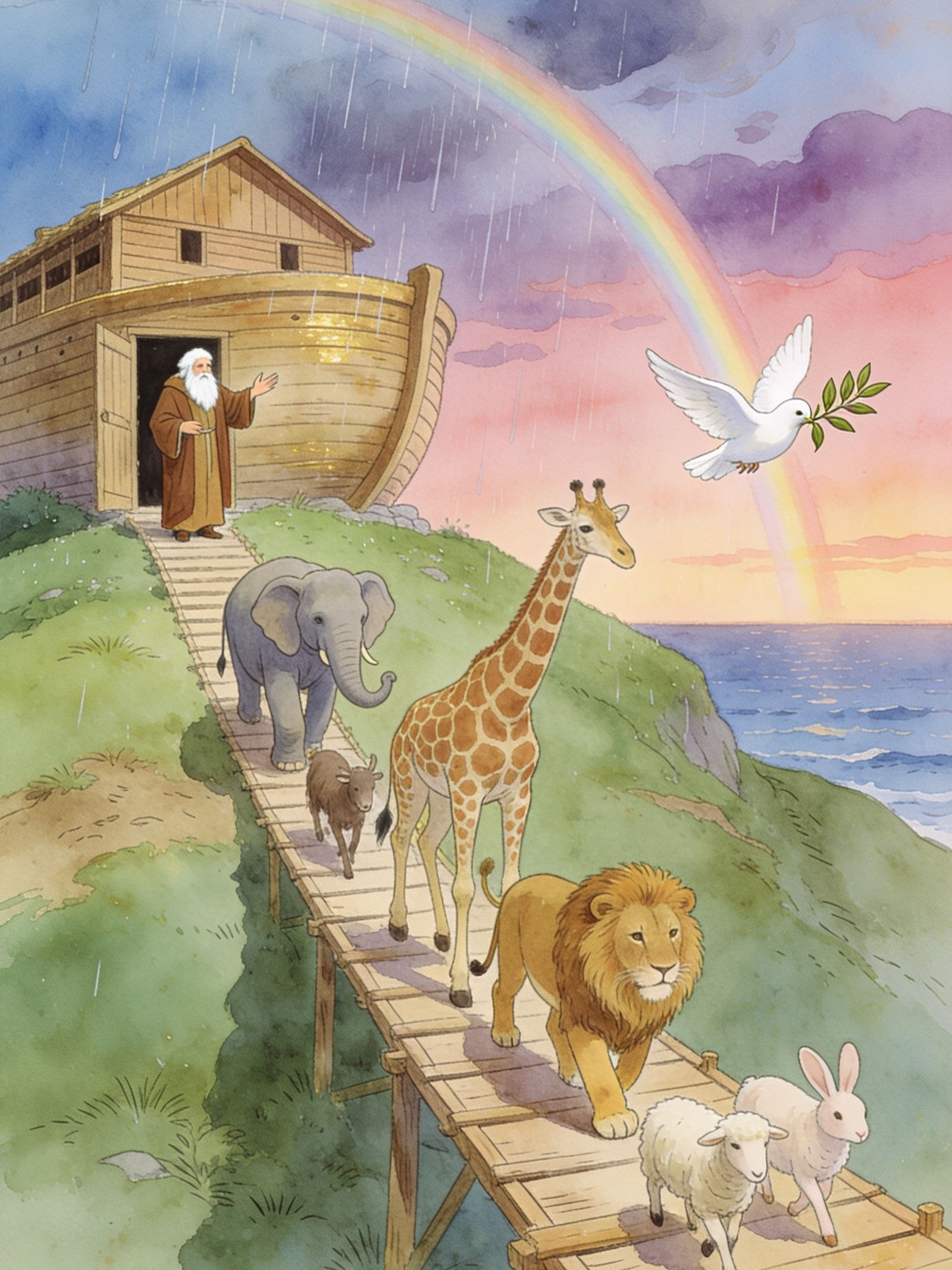 El arca de Noé en una colina al anochecer, con el arco iris y los animales que salen de dos en dos