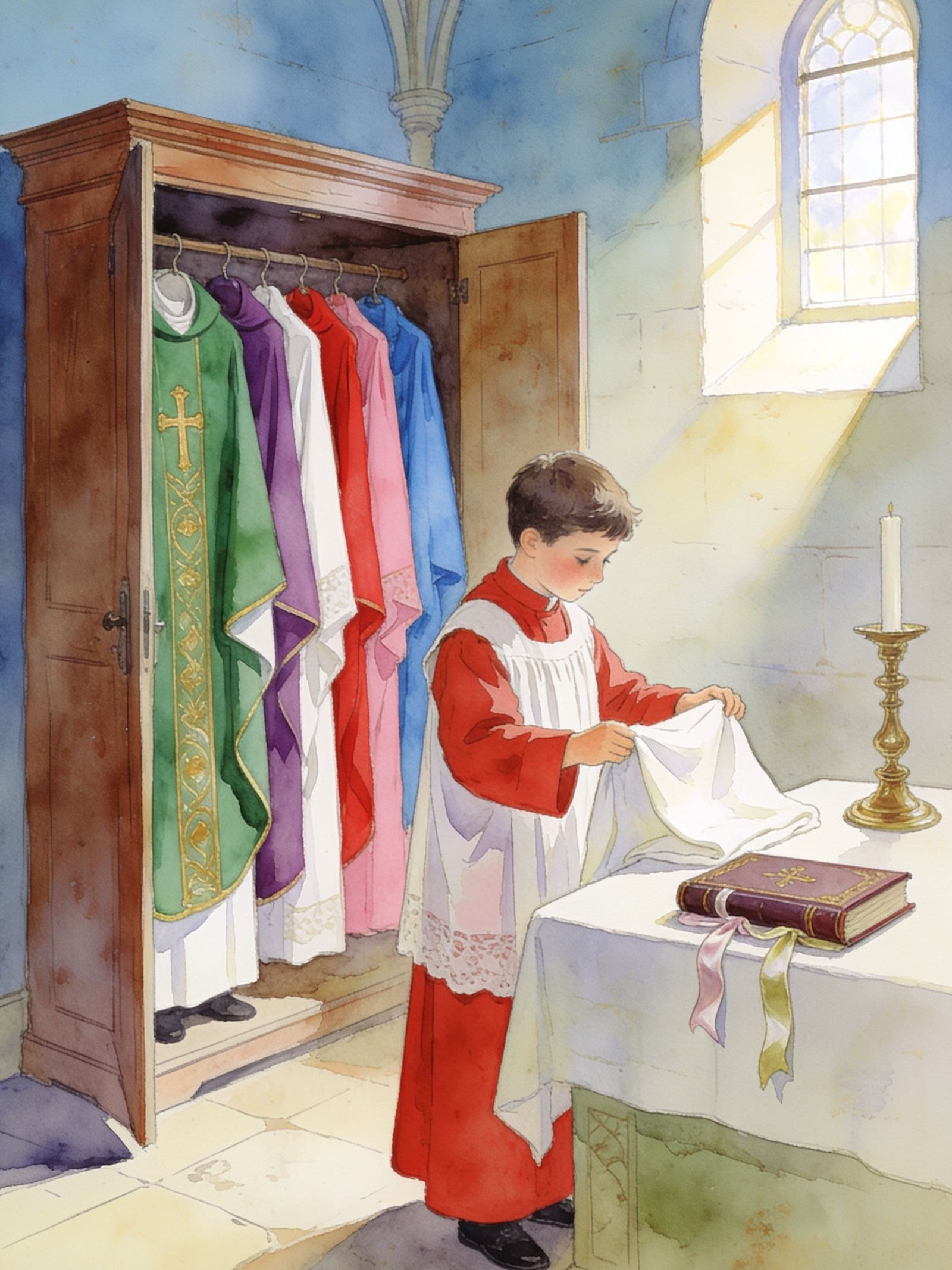 Un monaguillo dobla un mantel en la sacristía, junto a un armario con casullas de todos los colores litúrgicos