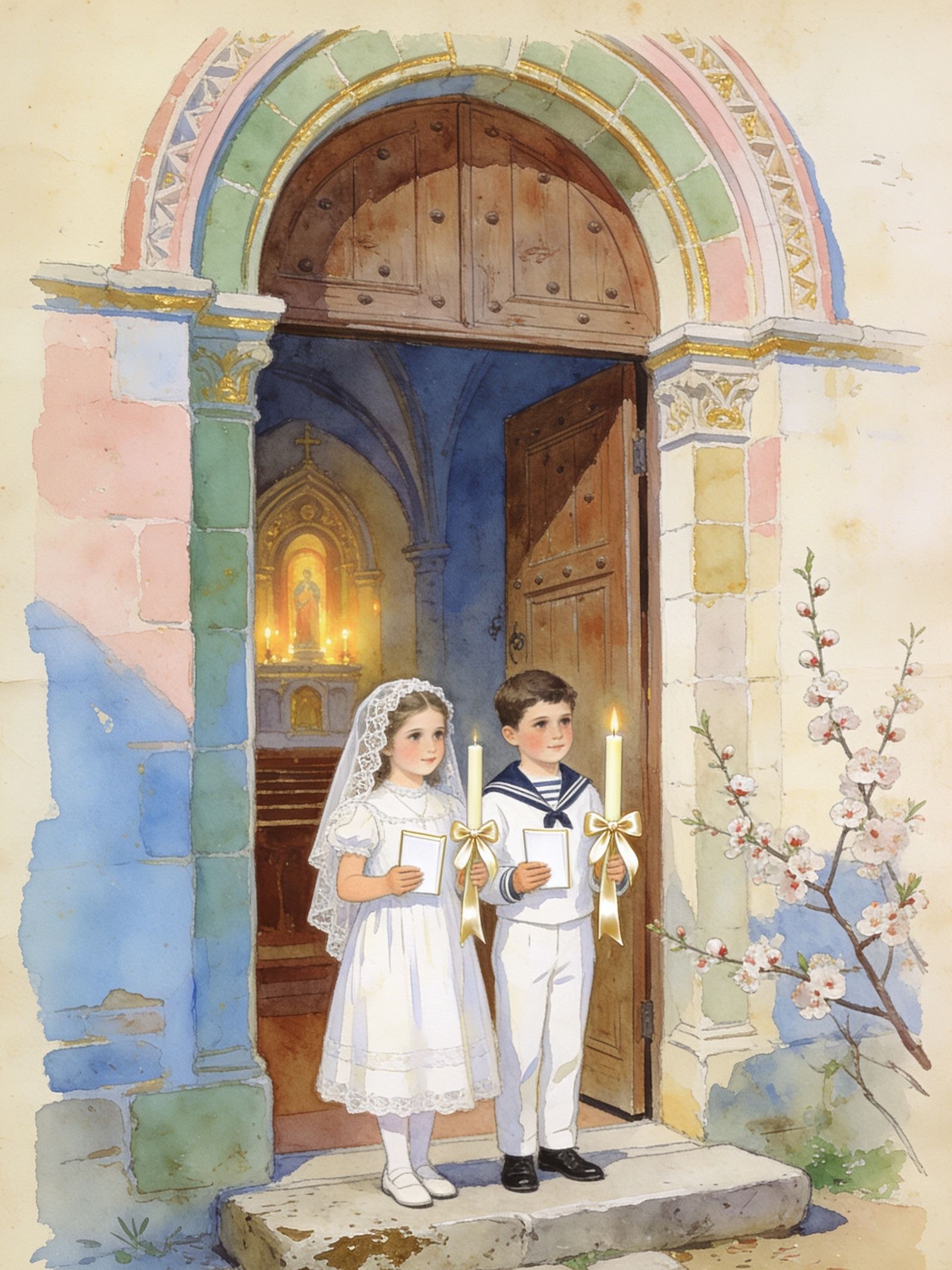 Una niña vestida de primera comunión y un niño de marinero, con su vela y su devocionario, a la puerta de una iglesia románica